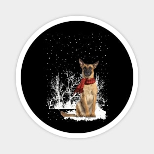 Chistmas Belgian Malinois With Scarf In Winter Forest Magnet